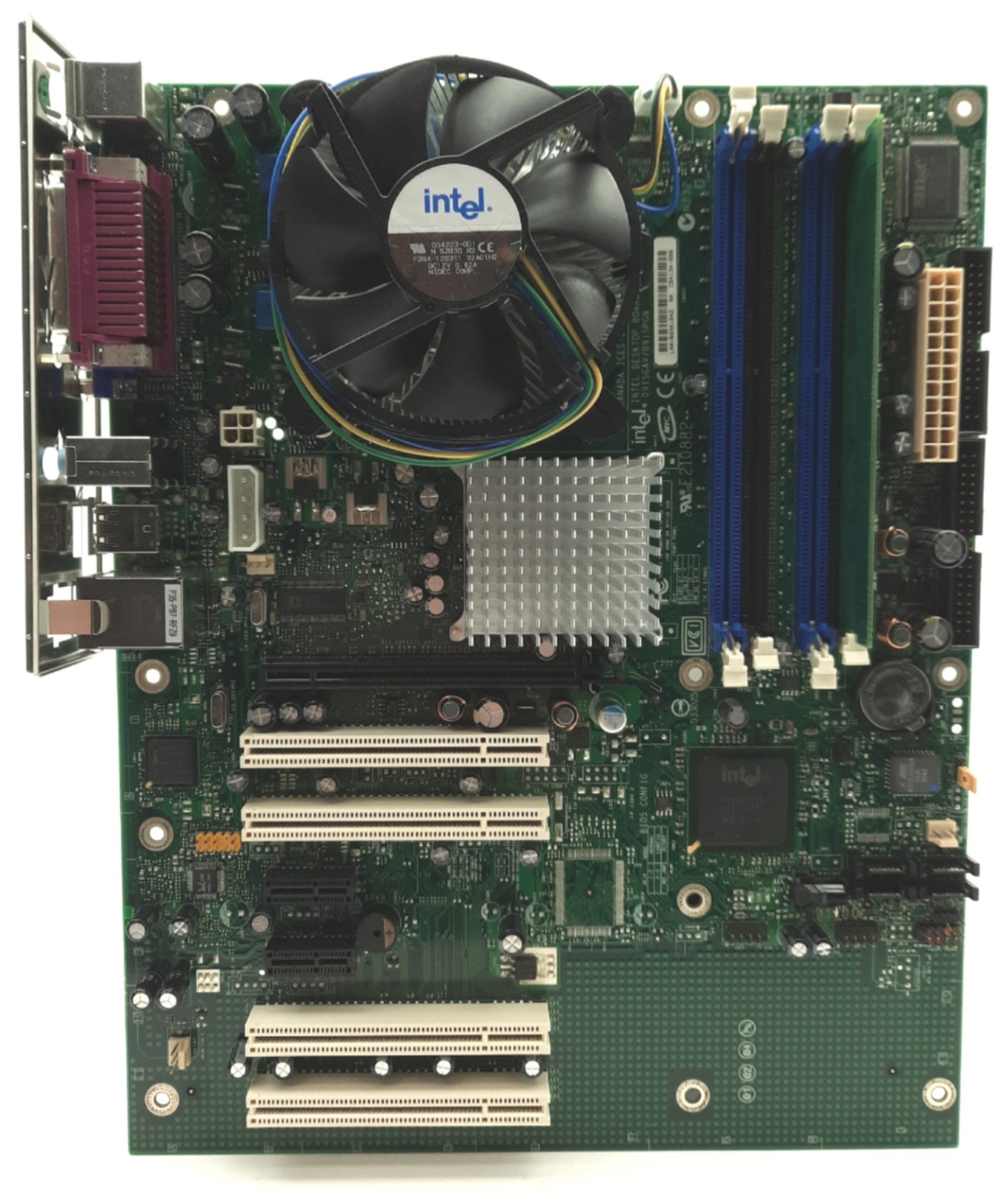 Used Intel D915GAV Motherboard & CPU, Pentium 4 3GHz, 512MB RAM, 4x PCI, PCIe x16 x1
