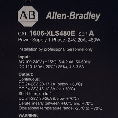 Used Allen Bradley 1606-XLS480E Power Supply, In: 100-240VAC, Out: 24-28VDC 20A, 480W