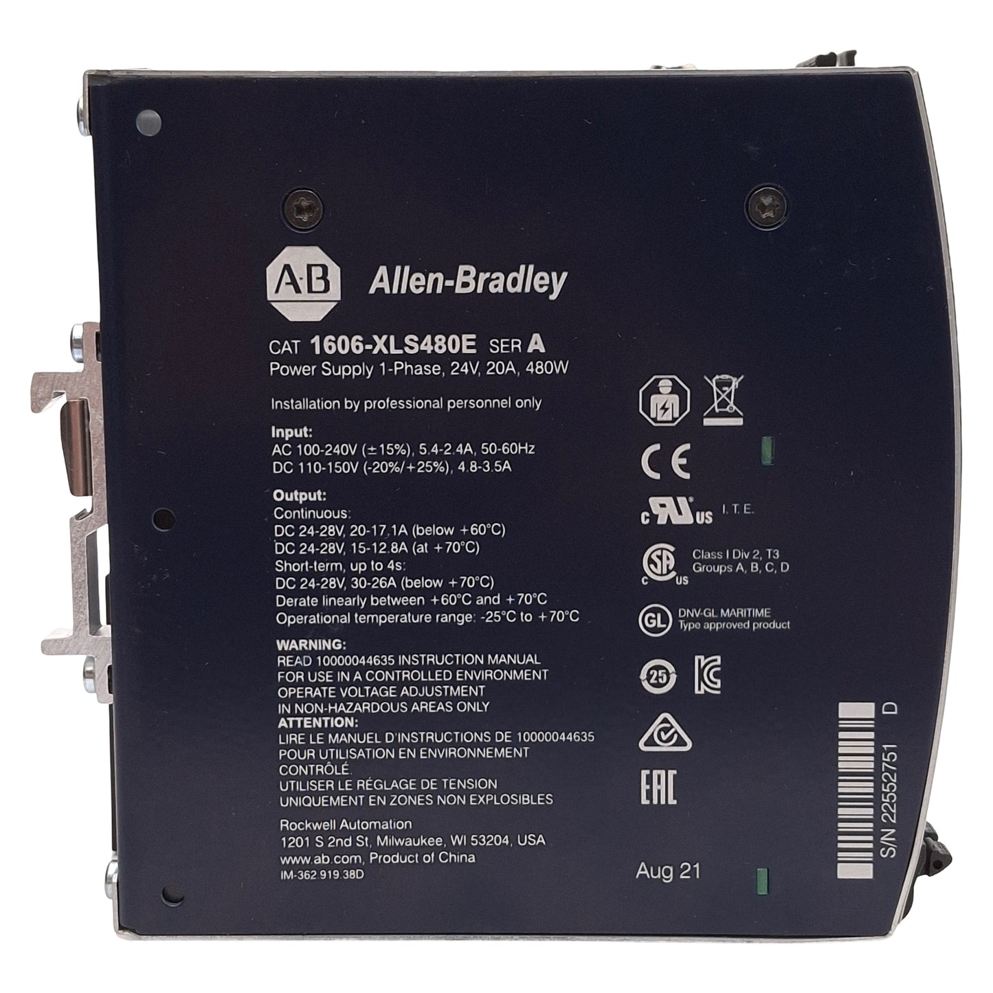 Used Allen Bradley 1606-XLS480E Power Supply, In: 100-240VAC, Out: 24-28VDC 20A, 480W