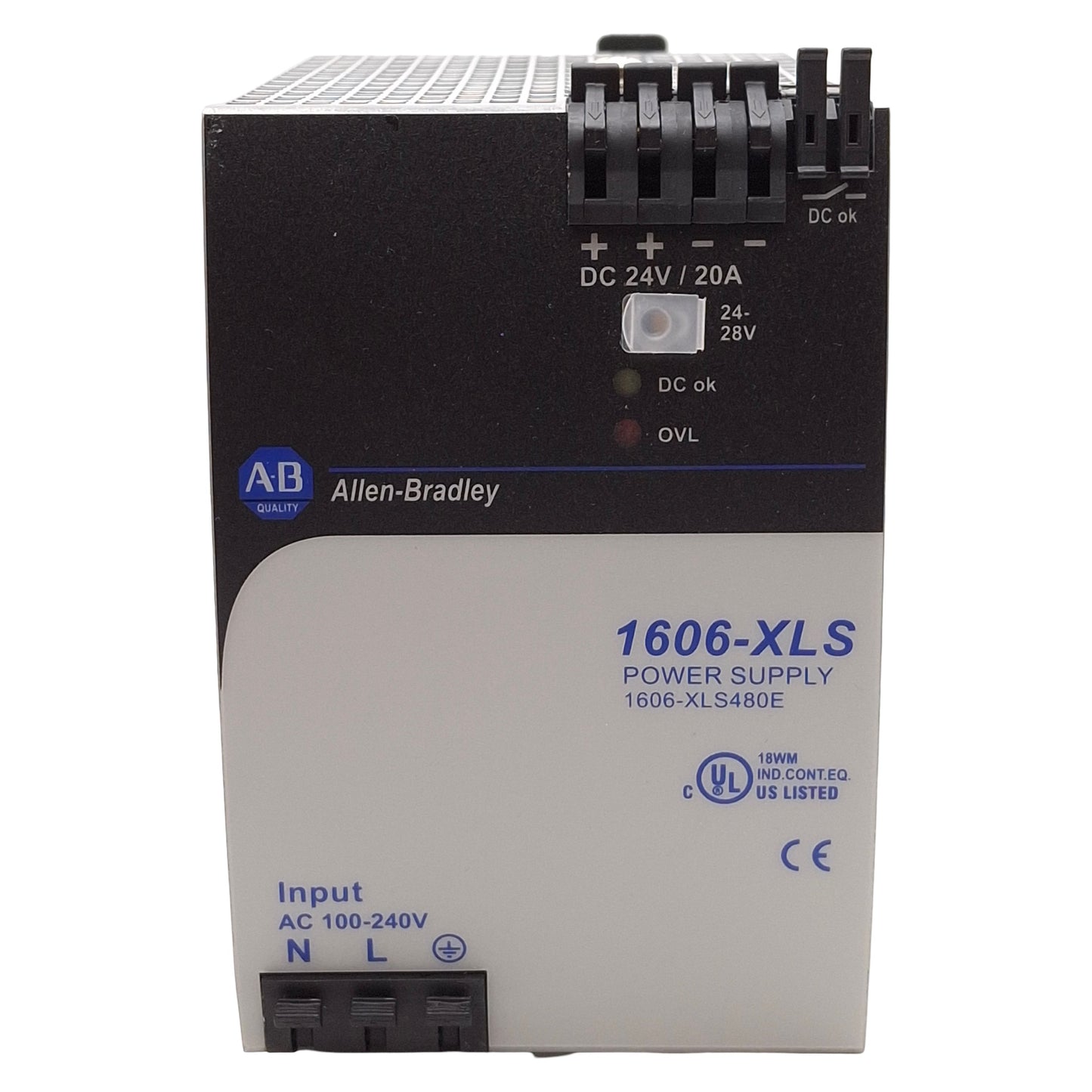 Used Allen Bradley 1606-XLS480E Power Supply, In: 100-240VAC, Out: 24-28VDC 20A, 480W