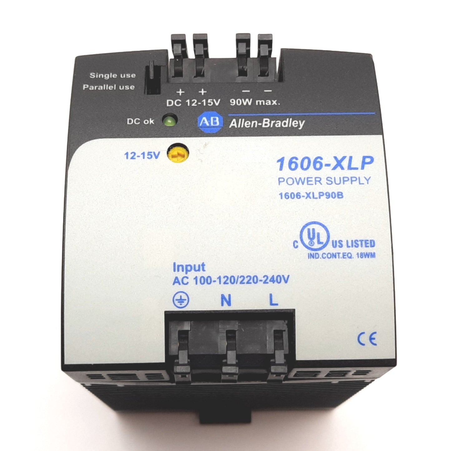 Used Allen Bradley 1606-XLP90B Power Supply, In 100-120/220-240VAC, Out 12-15VDC 90W