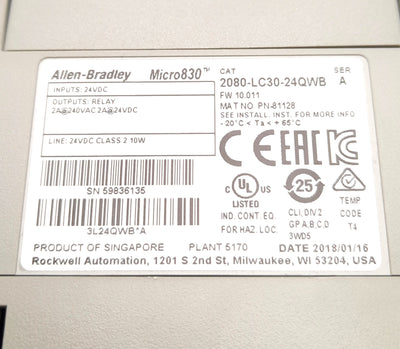 Used Allen-Bradley 2080-LC30-24QWB Micro830 I/O Controller 24v AC/DC Input, 3 Slots