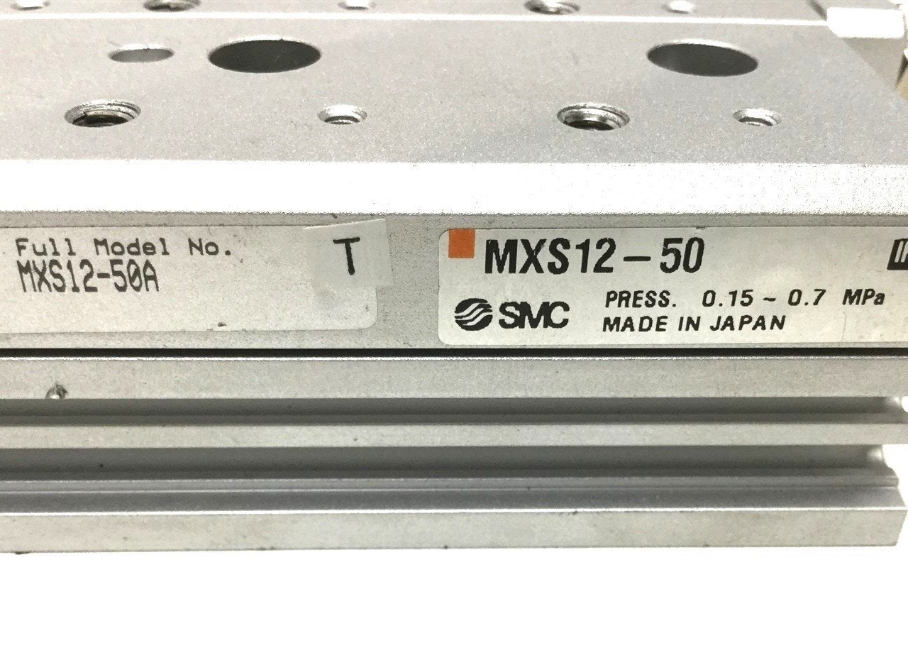 Used SMC MXS12-50A Compact Air Slide Table Dual Rod Bore:12mm, Stroke:50mm Adjustable