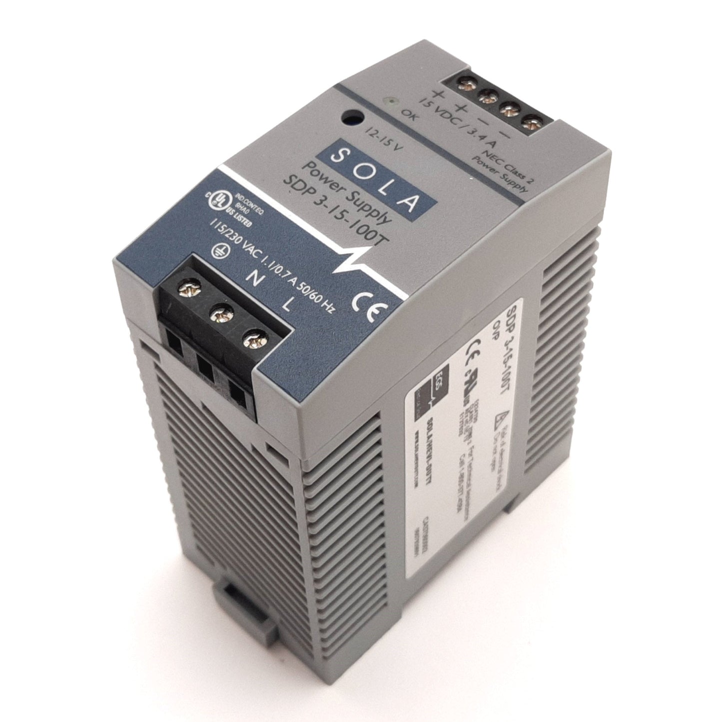 Used Sola SDP 3-15-100T DIN Rail Power Supply 115/230VAC Input, 15VDC 3.4A Output