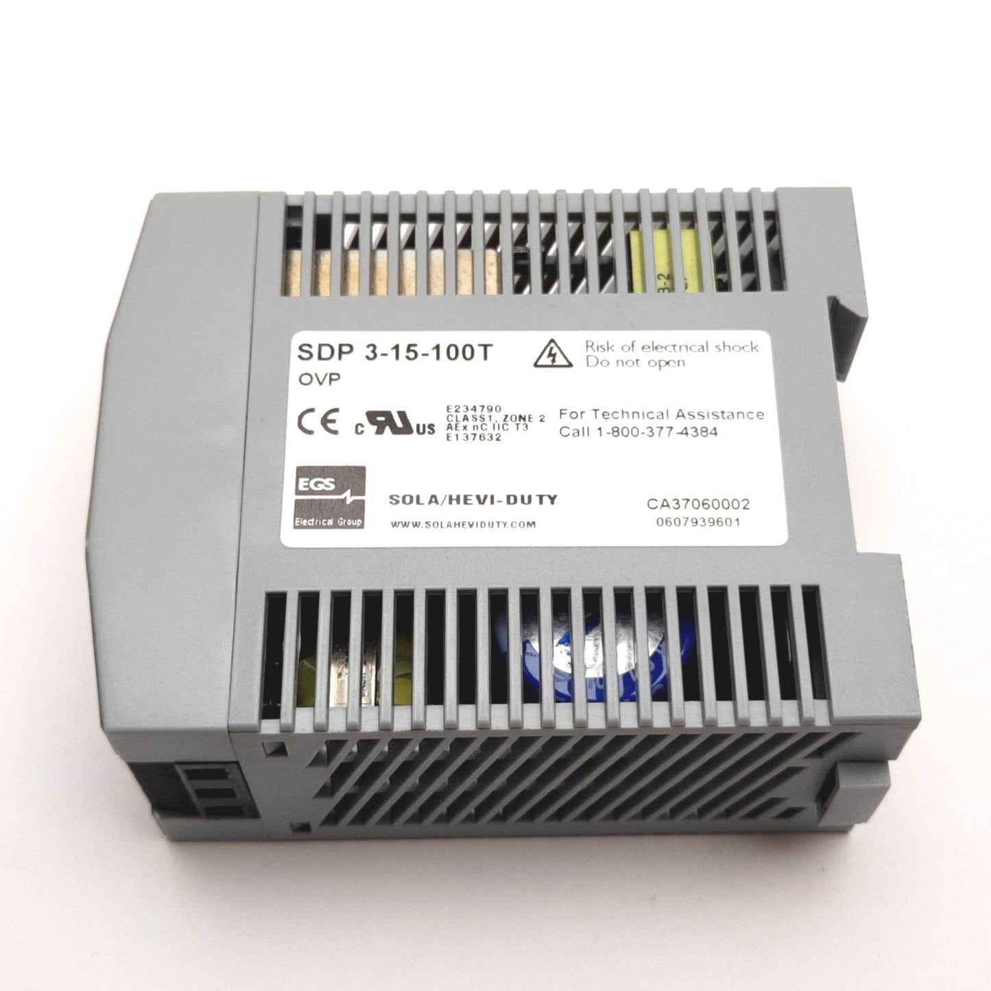 Used Sola SDP 3-15-100T DIN Rail Power Supply 115/230VAC Input, 15VDC 3.4A Output