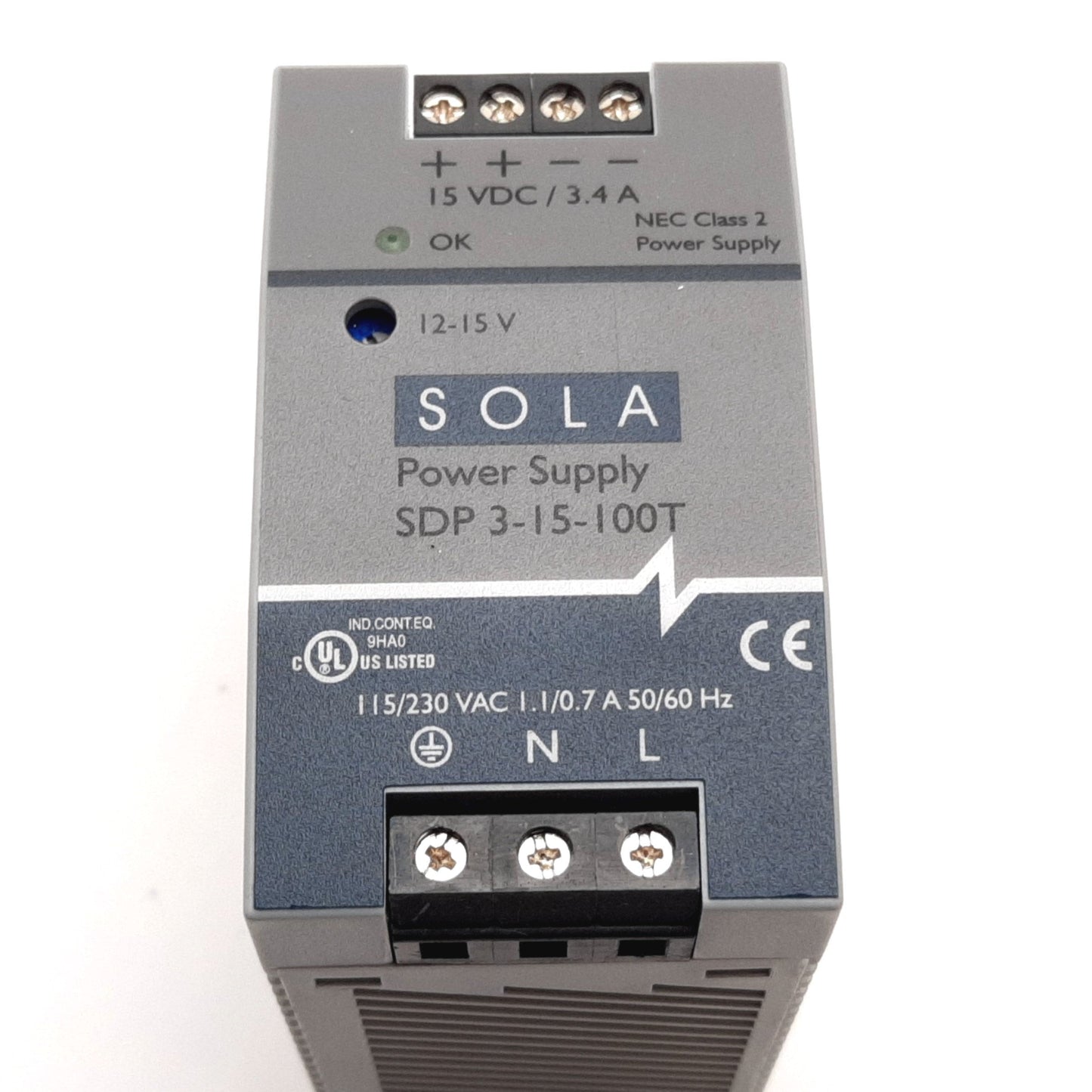 Used Sola SDP 3-15-100T DIN Rail Power Supply 115/230VAC Input, 15VDC 3.4A Output