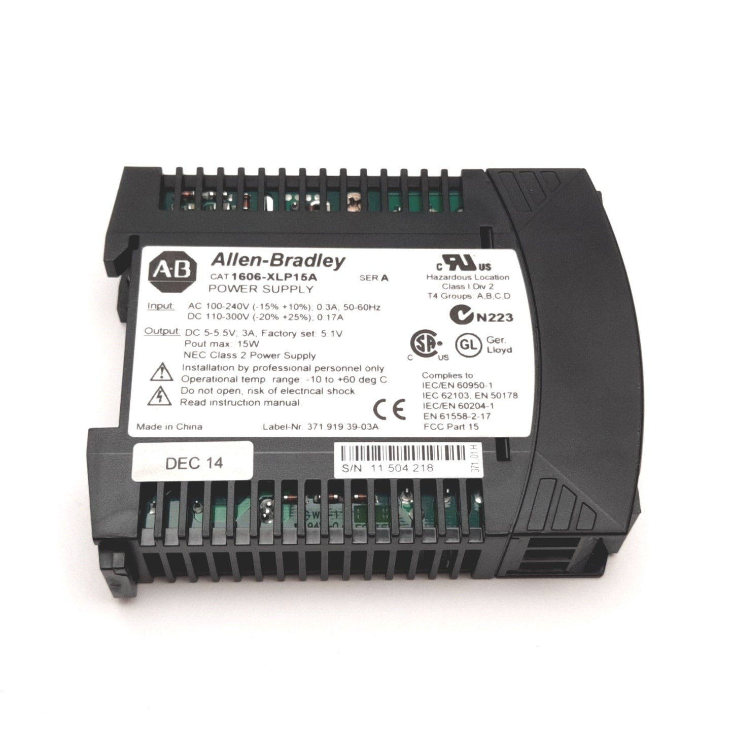 Used Allen Bradley 1606-XLP15A Power Supply, Input: 100-240VAC, Output: 5-5.5VDC 15W