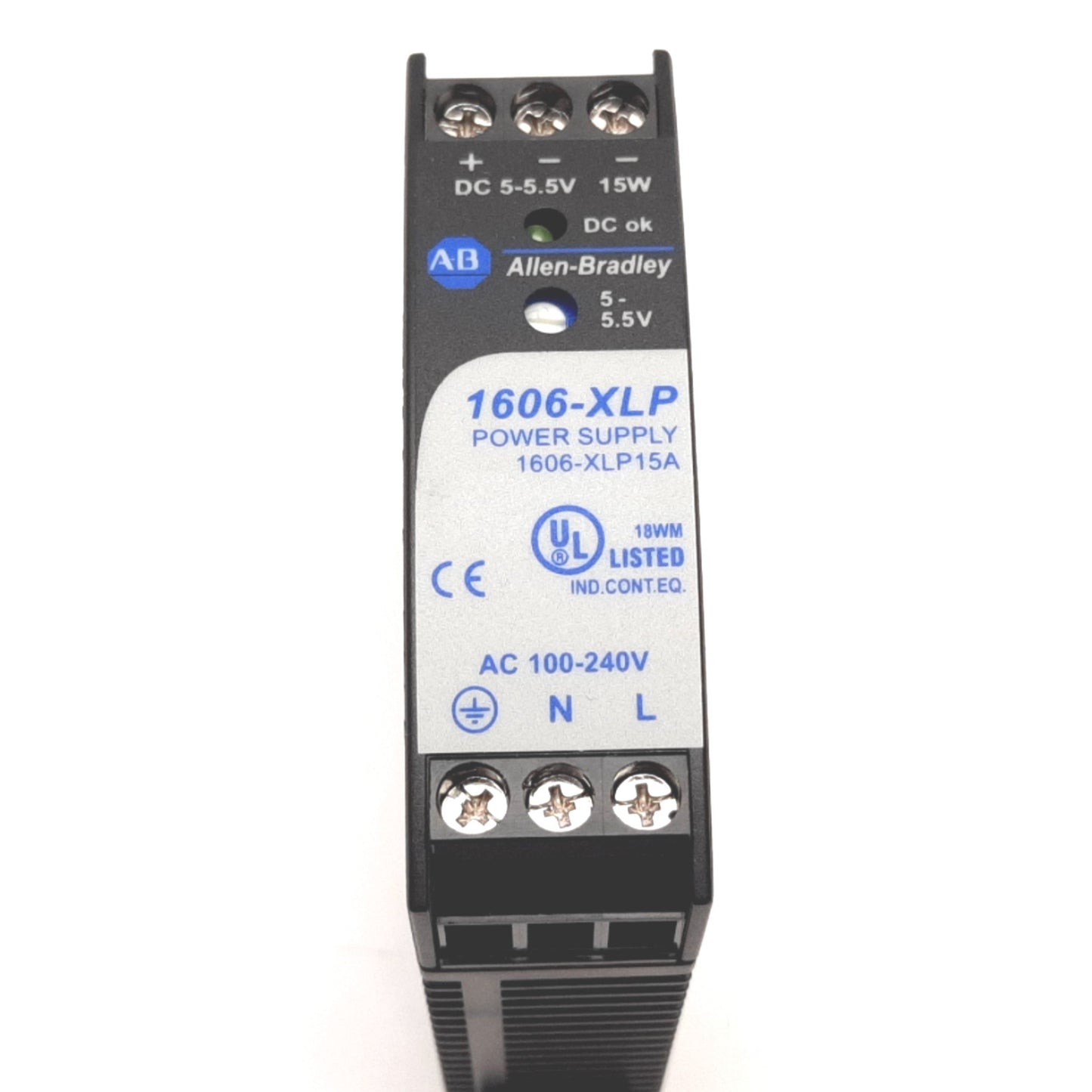 Used Allen Bradley 1606-XLP15A Power Supply, Input: 100-240VAC, Output: 5-5.5VDC 15W