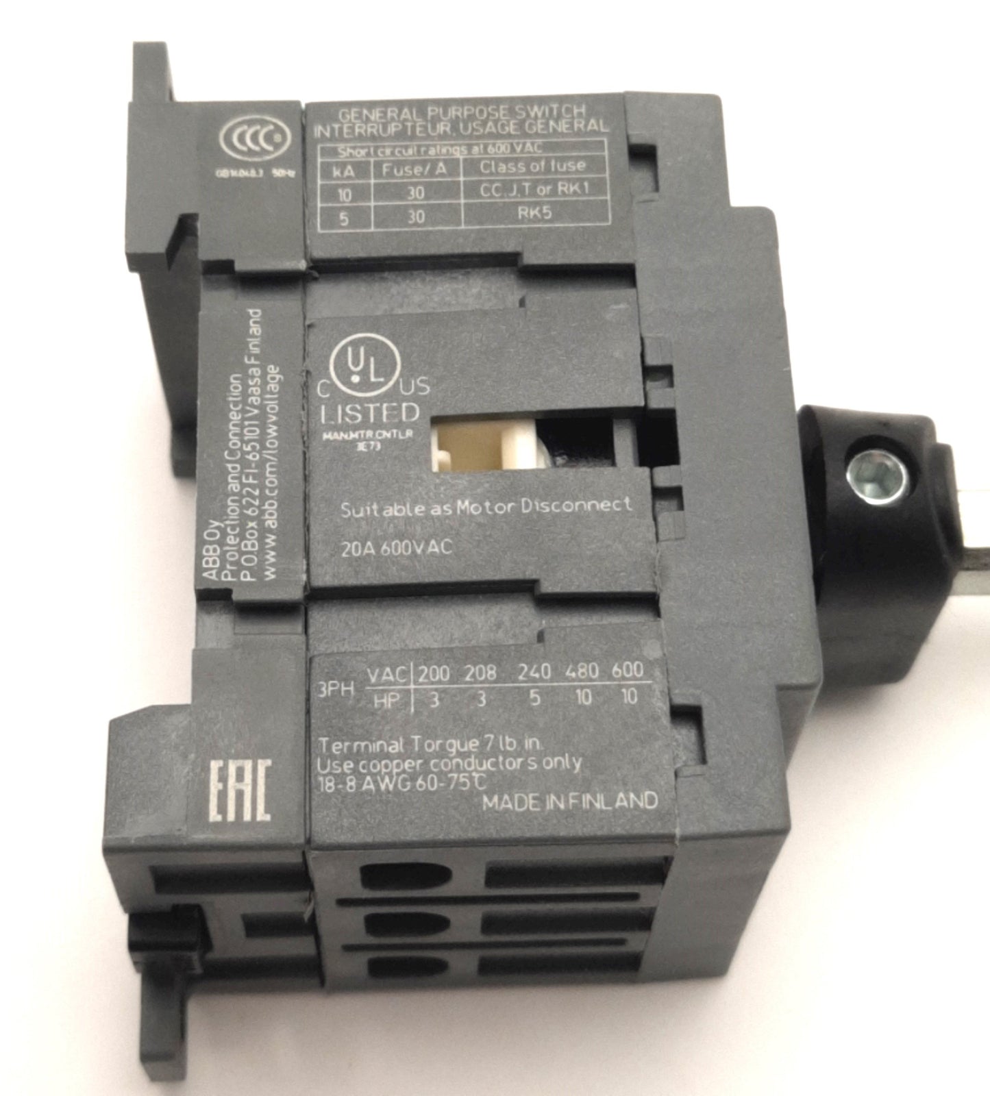 Used Lot of 2 ABB OT16F3 Disconnect Switch with 5" Shaft 20A 600V 10HP, 3-Pole