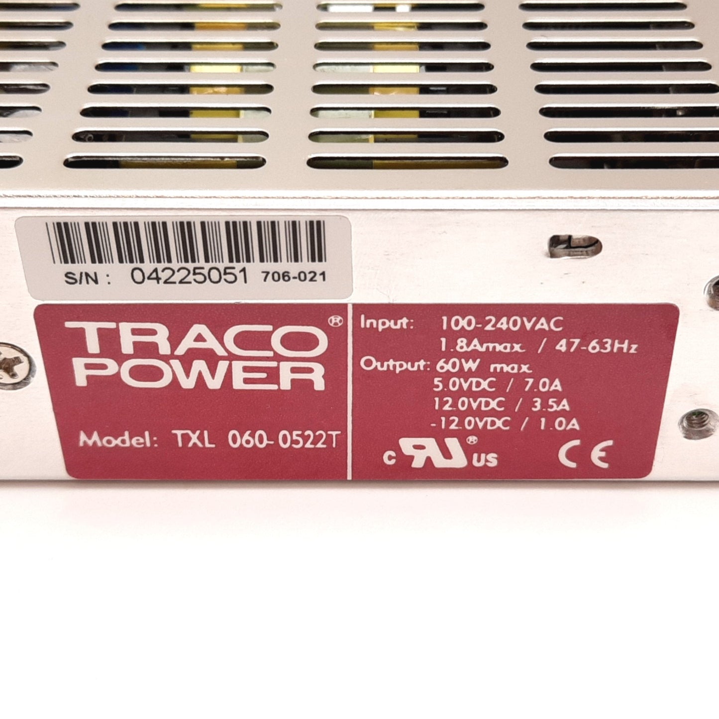 Used Traco Power TXL 060-0522T Power Supply, In: 100-240VAC, Output: 5/12/-12VDC 60W