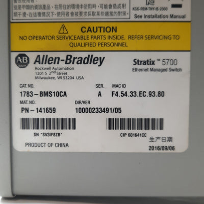 Used Allen Bradley 1783-BMS10CA Ser A Stratix 5700 Ethernet Switch 10 Ports 12-48V