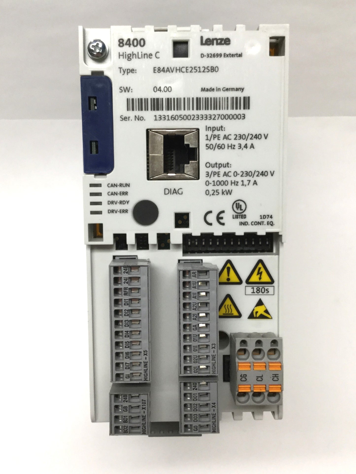 Used Lenze E84AVHCE2512SB0 8400 HighLine C Frequency Inverter Drive 230VAC 0.25kW