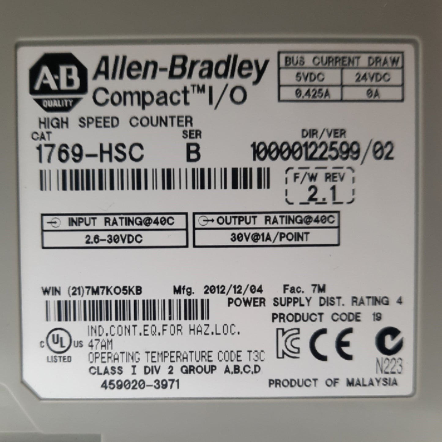 Used Allen Bradley 1769-HSC Ser B High Speed Counter I/O Module 2x 1MHz Inputs 4x Out