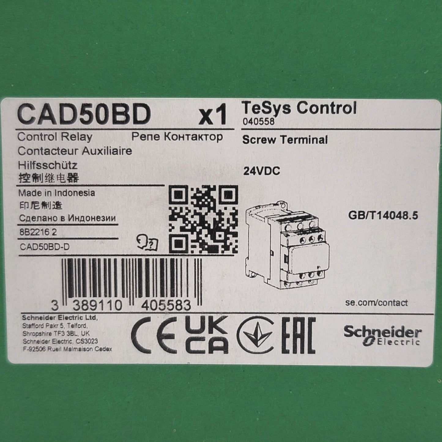 Used Schneider Electric CAD50BD TeSys Control Relay 24VDC Coil, 5 N.O. Contacts, 10A