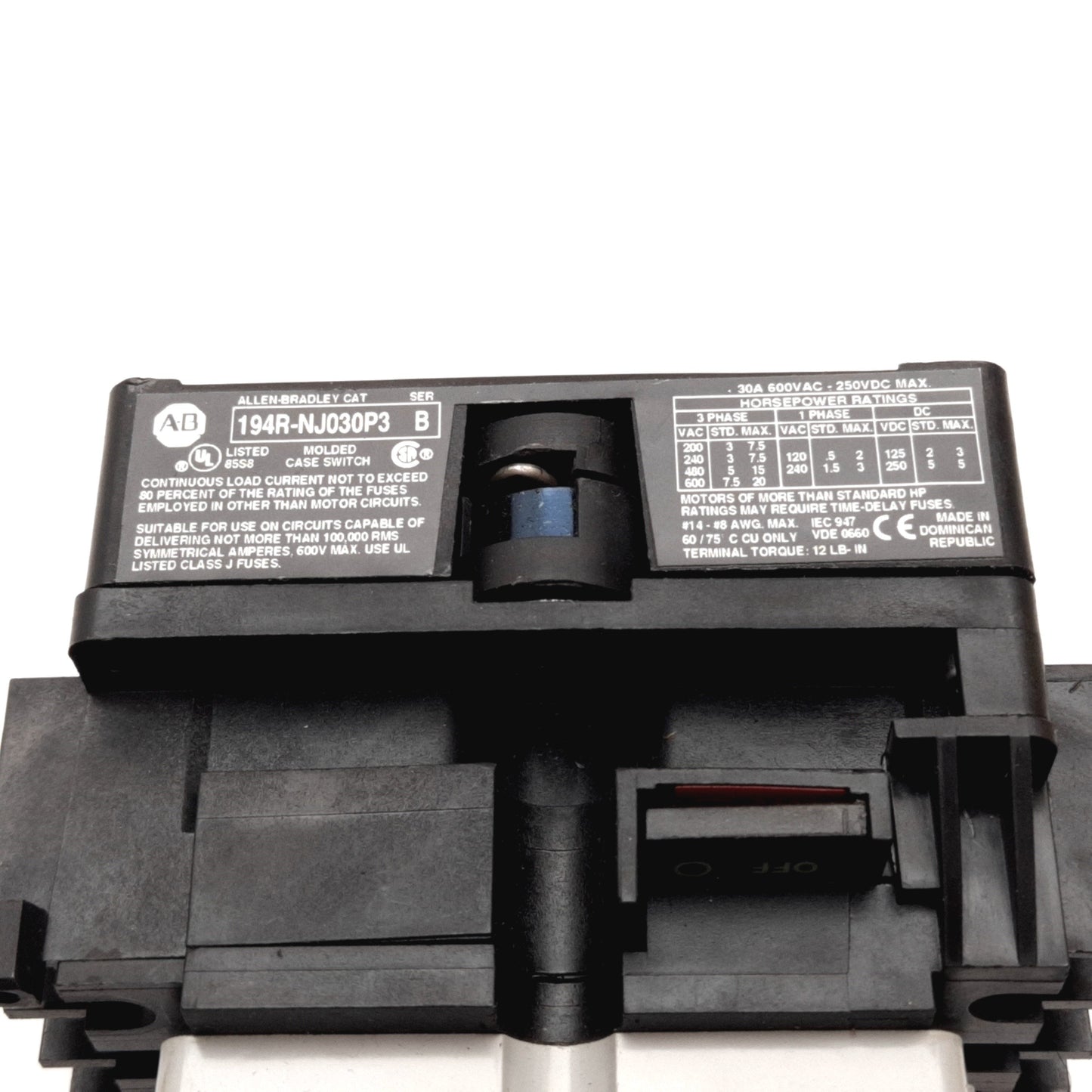 Used Allen Bradley 194R-NJ030P3 Ser B Disconnect Switch, 3-Pole, 30A, 250VDC 600VAC