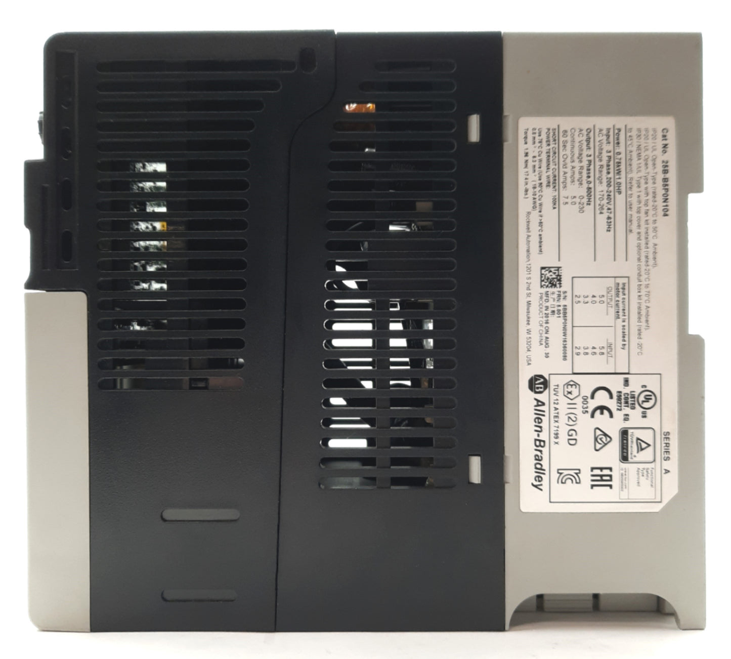 Used Allen Bradley 25B-B5P0N104 Ser A Powerflex 3PH AC Drive 1HP 0-230VAC 5A 220VAC