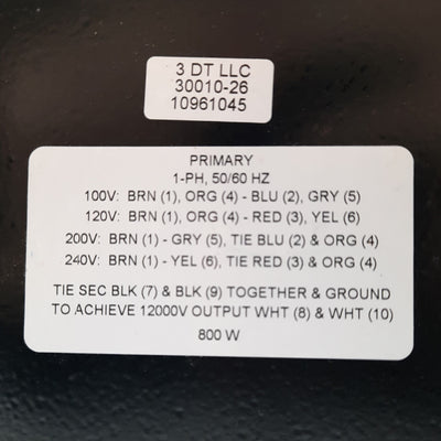 Used 3DT 30010-26 HV Transformer, 12000V 800W 120/240VAC for 10031-37 TubeDyne System
