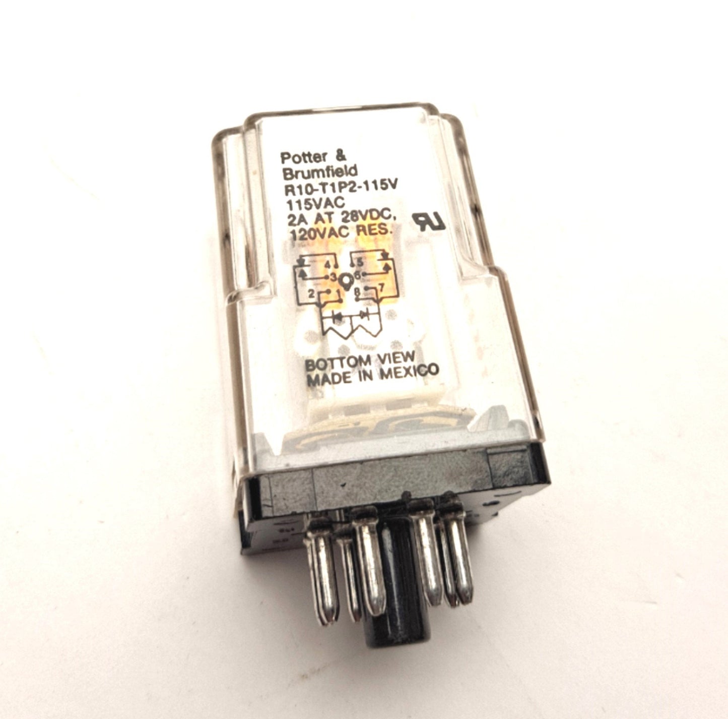 Used Potter & Brumfield R10-T1P2 Relay Coil: 115VAC, Contact: 2A, 28VDC, 120VAC, DPDT