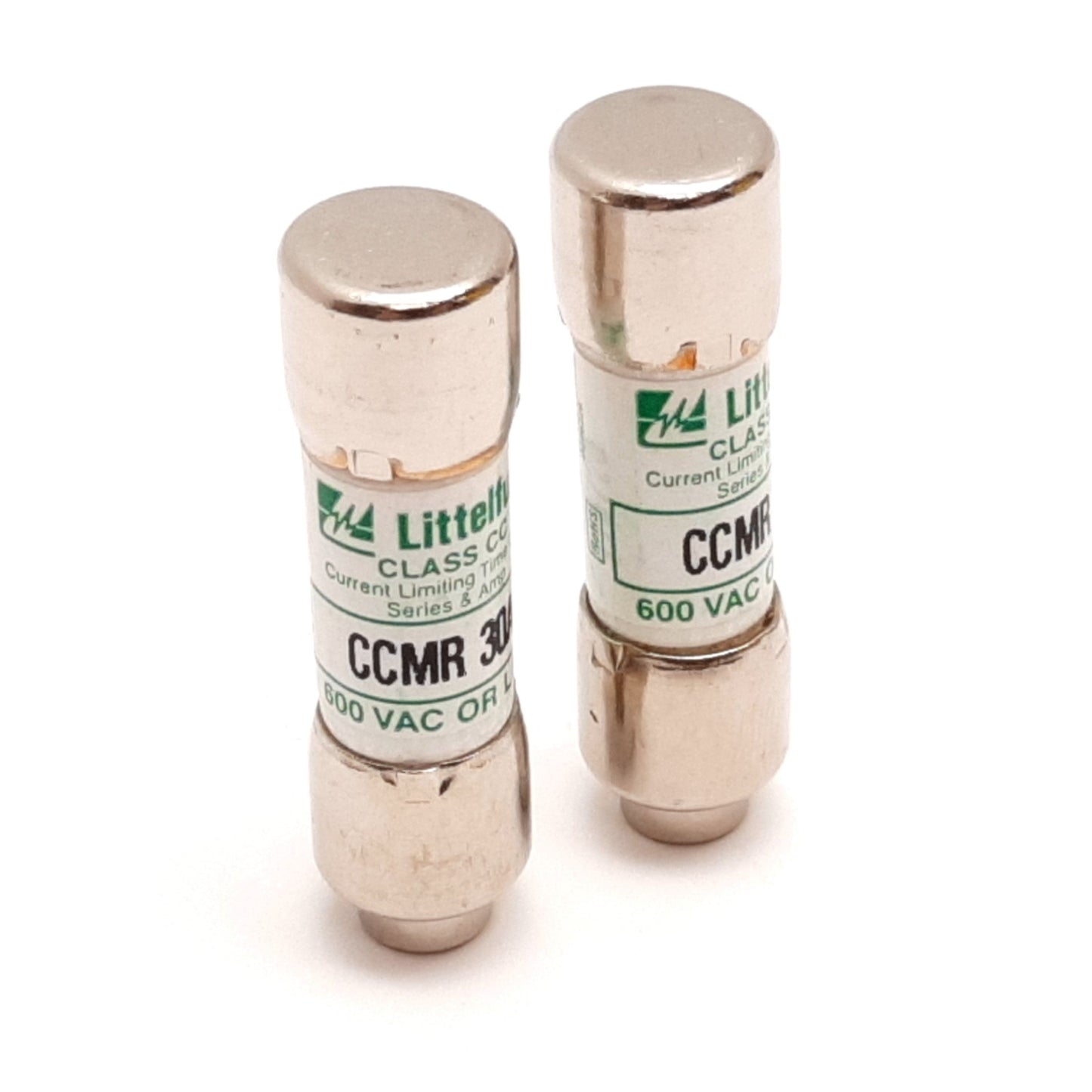Used Lot of 2 Littelfuse CCMR 30A Time-Delay Fuse, Class CC, 30A 600VAC, 1.5" x 0.4"