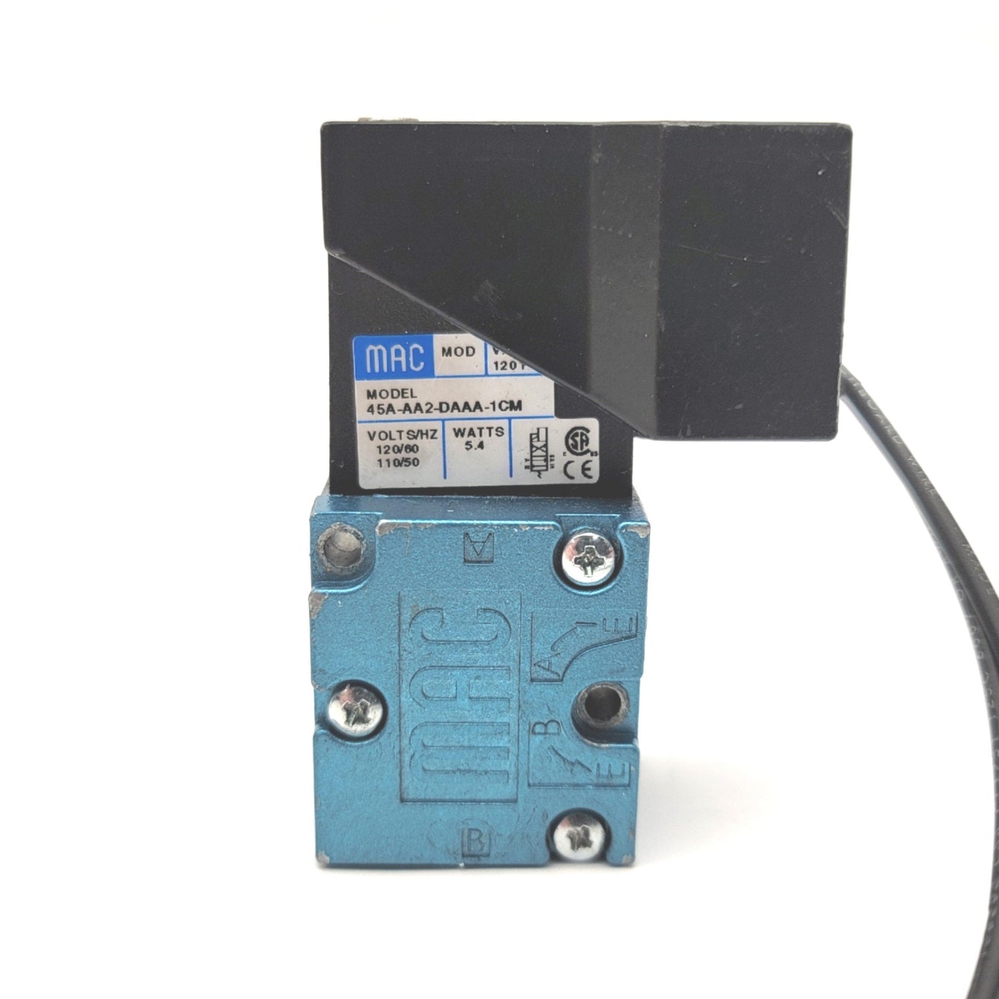 Used MAC 45A-AA2-DAAA-1CM Solenoid Valve 2-Pos 4-Way, 120VAC Coil, 1/8"NPT