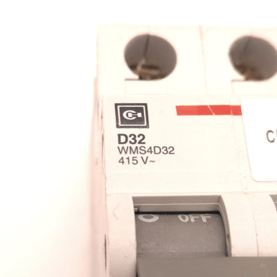 Used Cutler Hammer WMS4D32 Circuit Breaker, 4-Pole, D-Curve, Rating: 32A 415VAC