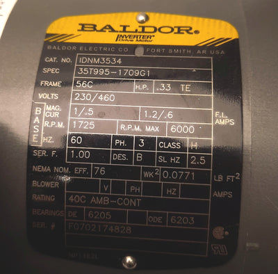 Used Baldor IDNM3534 Inverter Drive Motor 0.33HP Shaft: 5/8", 230/460VAC 60Hz 56C