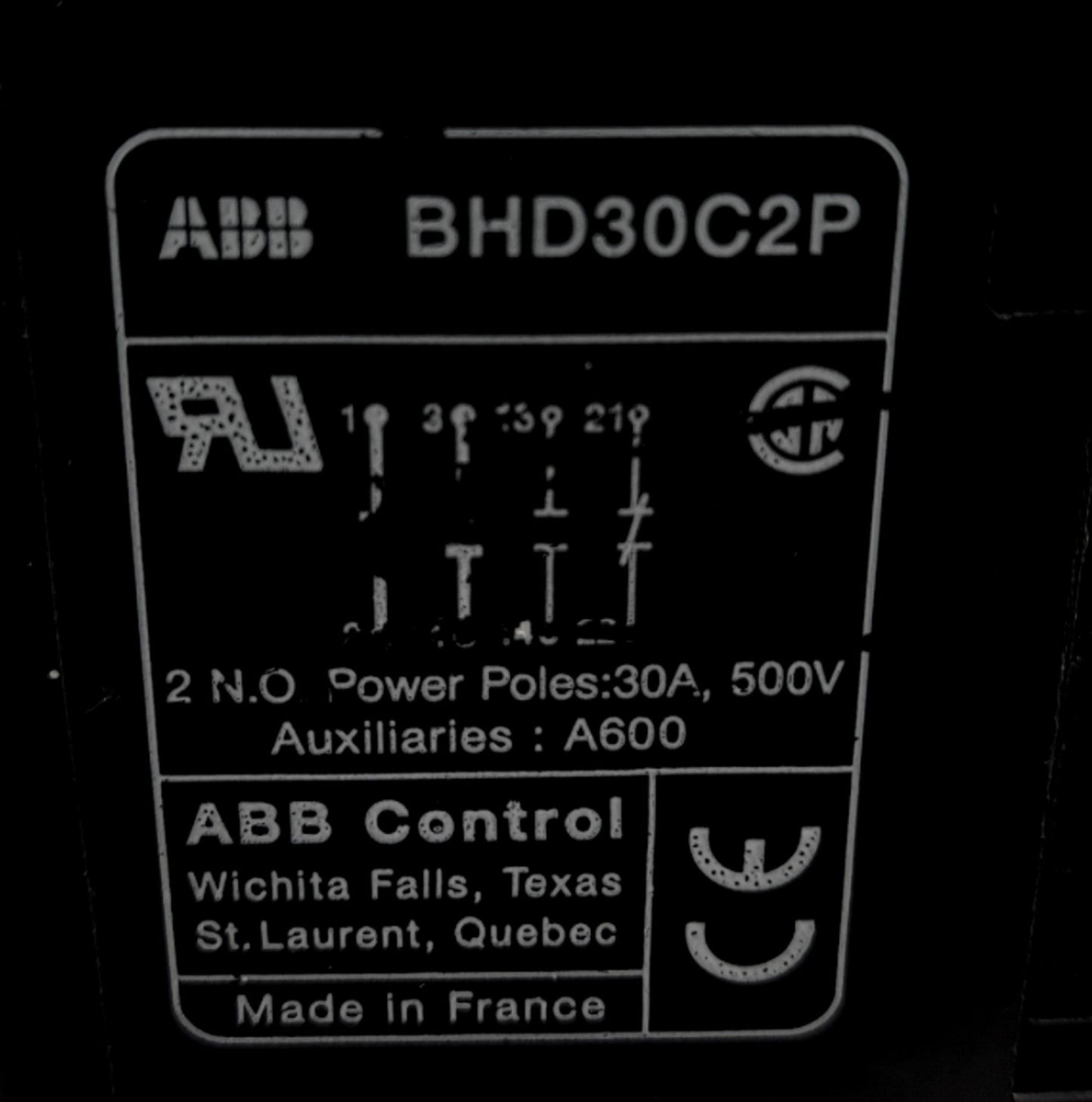 Used ABB BHD30C2P Contactor, 2-Pole W/ 2x Aux (N/O N/C), Coil: 110/120VAC, 500V 30A