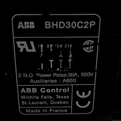 Used ABB BHD30C2P Contactor, 2-Pole W/ 2x Aux (N/O N/C), Coil: 110/120VAC, 500V 30A