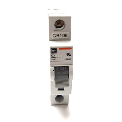 Used Cutler Hammer WMS1C03 Circuit Breaker, 1-Pole, C-Curve, Rating: 3A 240VAC