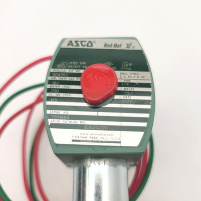 New ASCO 8262G220 Red-Hat Solenoid Valve, 120VAC Coil, 1/4"NPT, N.C., 200psi Max