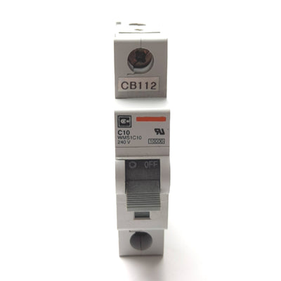 Used Cutler Hammer WMS1C10 Circuit Breaker, 1-Pole, C-Curve, 10A 240VAC, DIN Rail