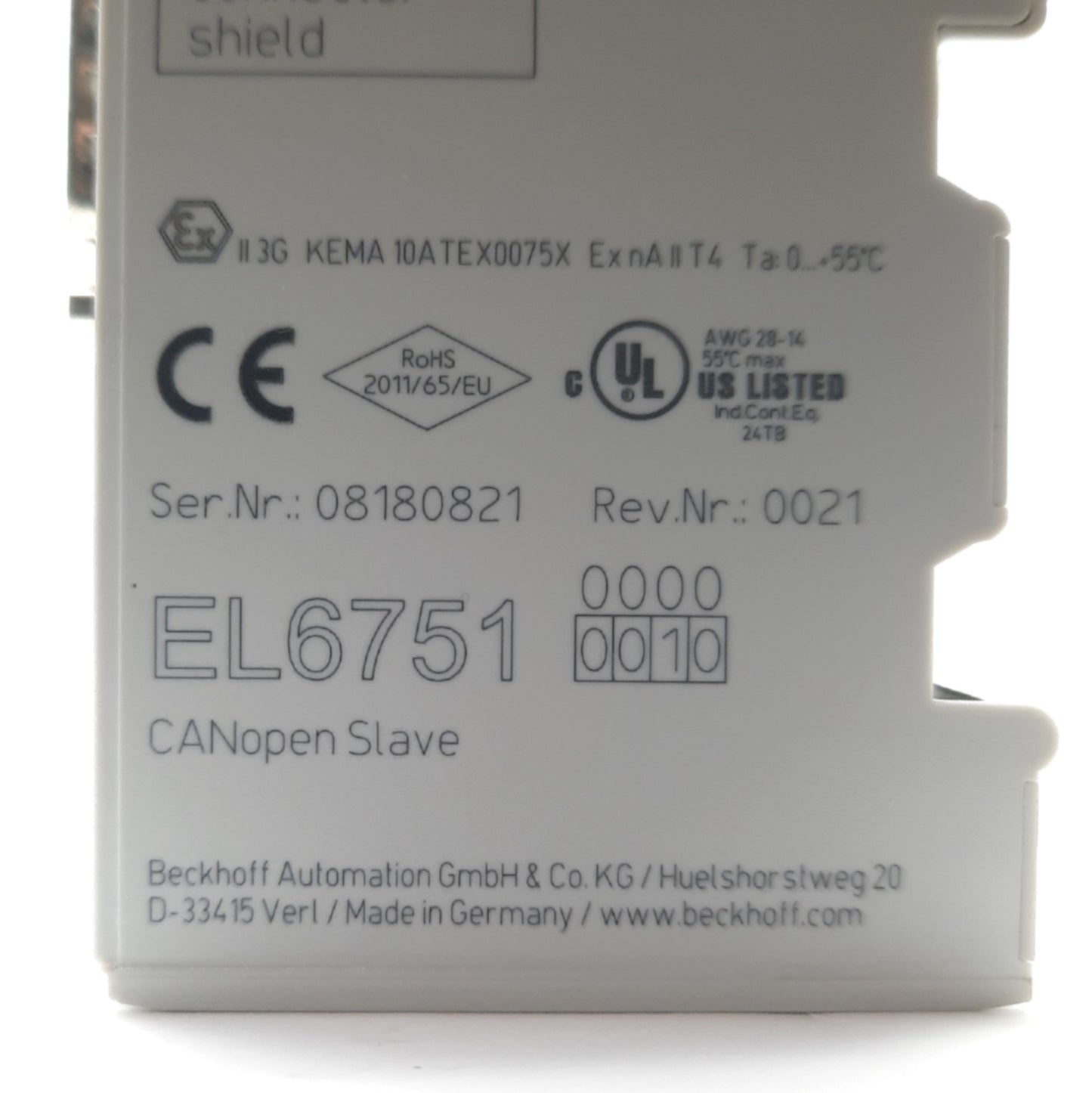 Used Beckhoff EL6751-0010 EtherCAT CANopen Slave Terminal, 9-Pin D-Sub Male