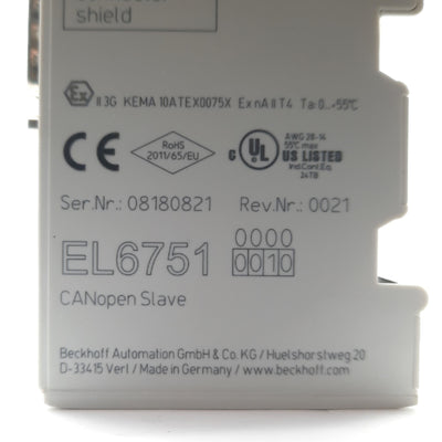 Used Beckhoff EL6751-0010 EtherCAT CANopen Slave Terminal, 9-Pin D-Sub Male