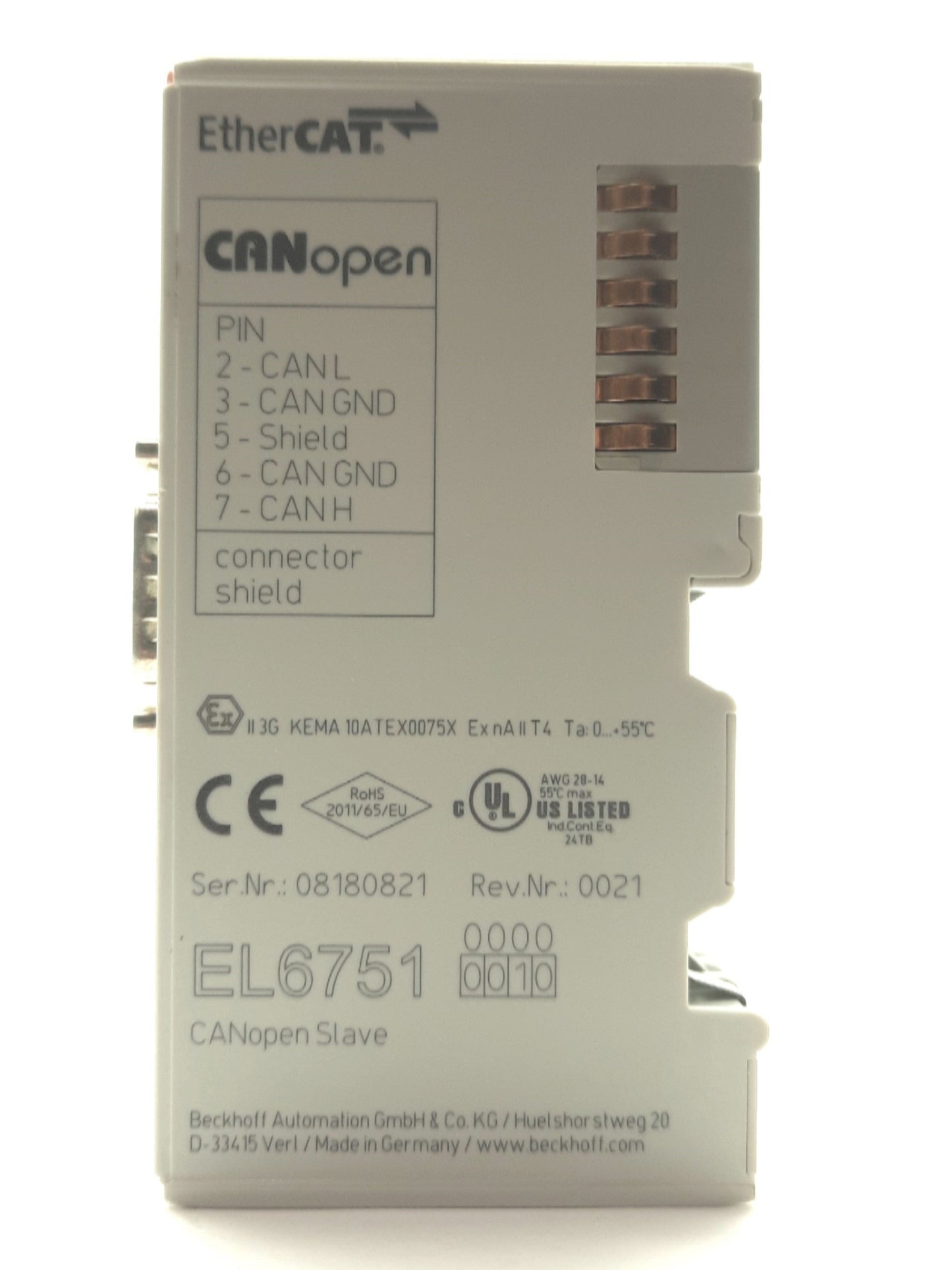 Used Beckhoff EL6751-0010 EtherCAT CANopen Slave Terminal, 9-Pin D-Sub Male