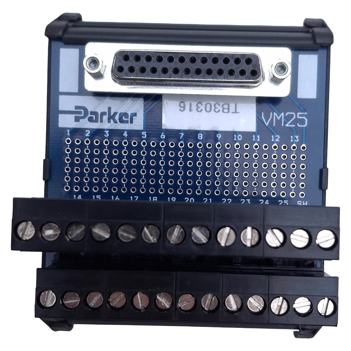 Used Parker VM25 PLC Breakout Board, 25-Pin D-Sub to Screw Terminals DIN Rail
