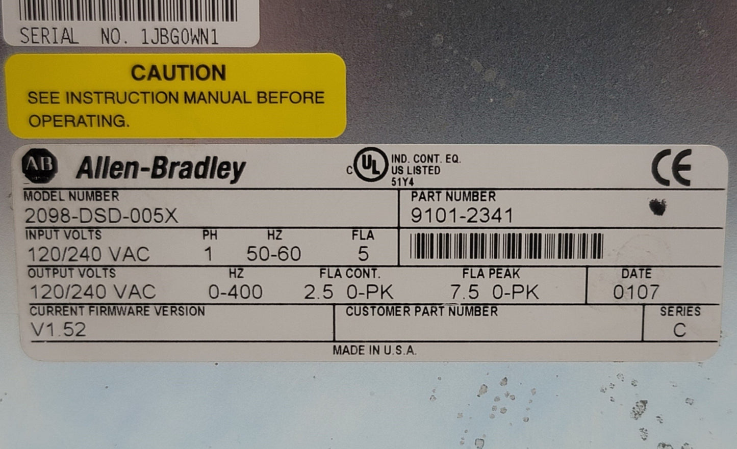 Used Allen Bradley 2098-DSD-005X Ser C FW V1.52 Ultra 3000 Servo Drive, 120/240VAC