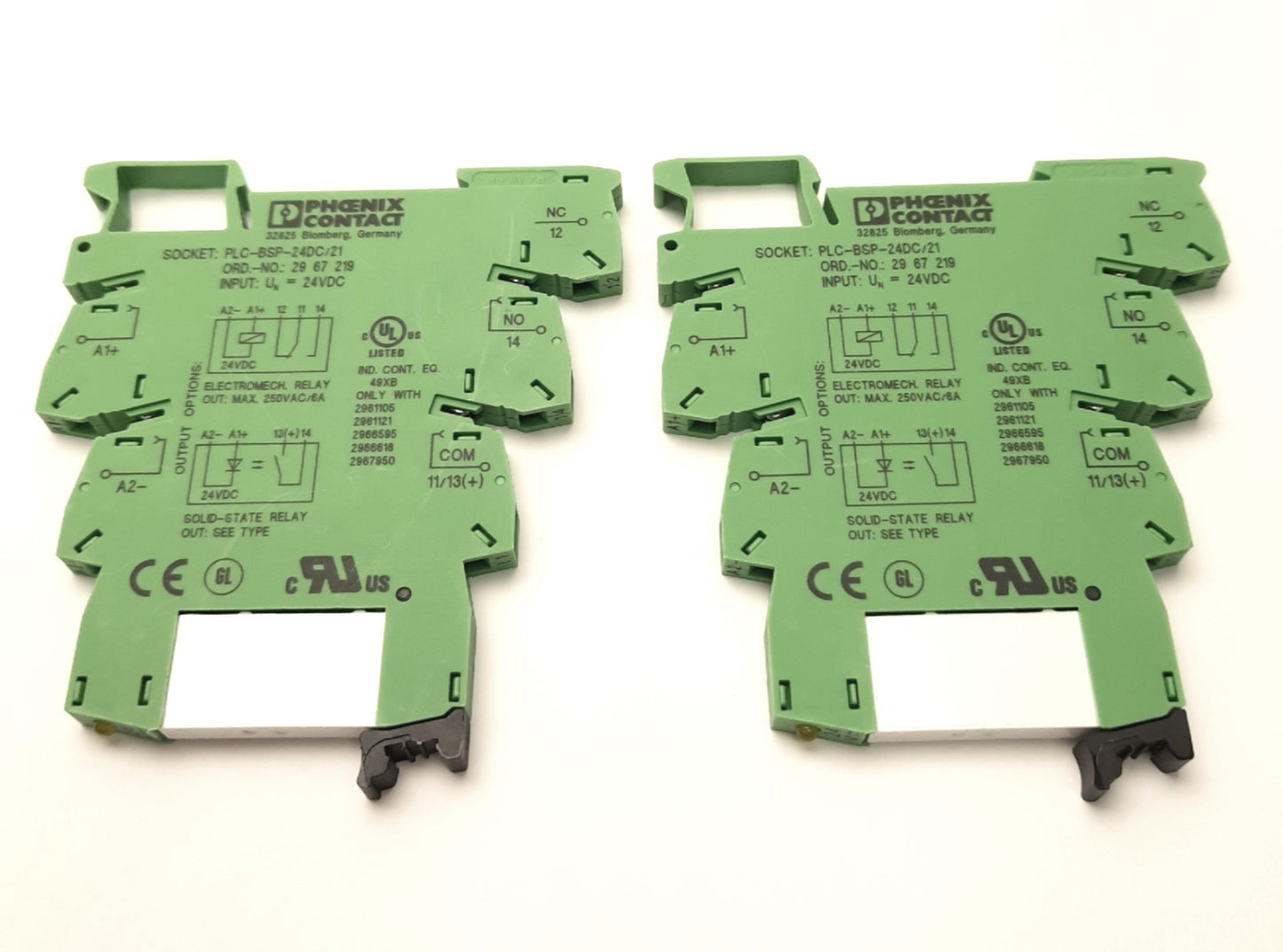 Used Lot of 2 Phoenix Contact PLC-BSP-24DC/21 with (x2) 2961105 Relays, 24V DC Coil