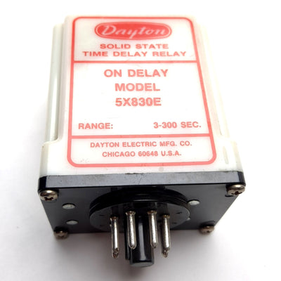 Used Dayton 5X830E Solid State Time Delay Relay, On Delay, 3-300sec, In 120VAC, 8-Pin