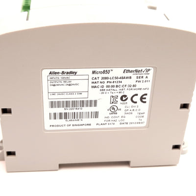 Used Allen Bradley 2080-LC50-48AWB Micro850 I/O EtherNet/IP Controller, 5-Slot