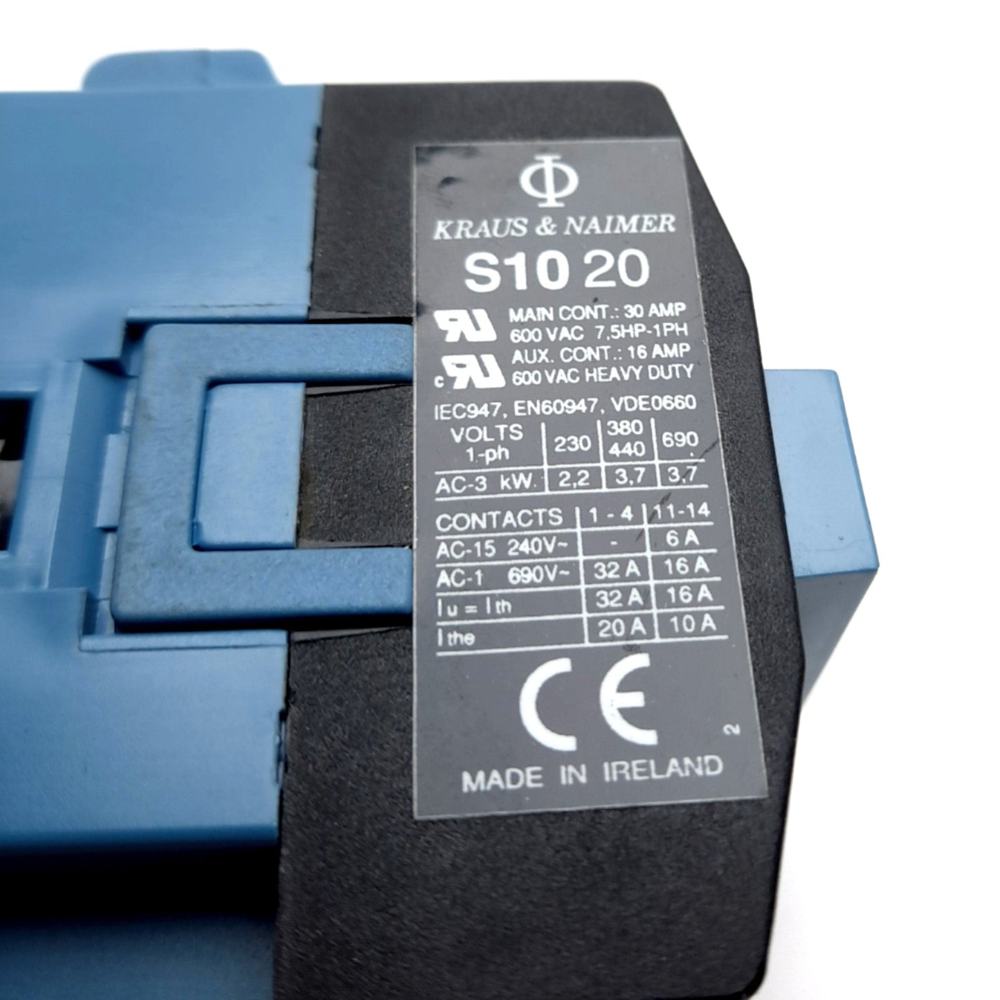 Used Kraus & Naimer S10 20 Contactor, 2-Pole W/ N/O Aux, Coil: 120VAC, 600VAC 32A