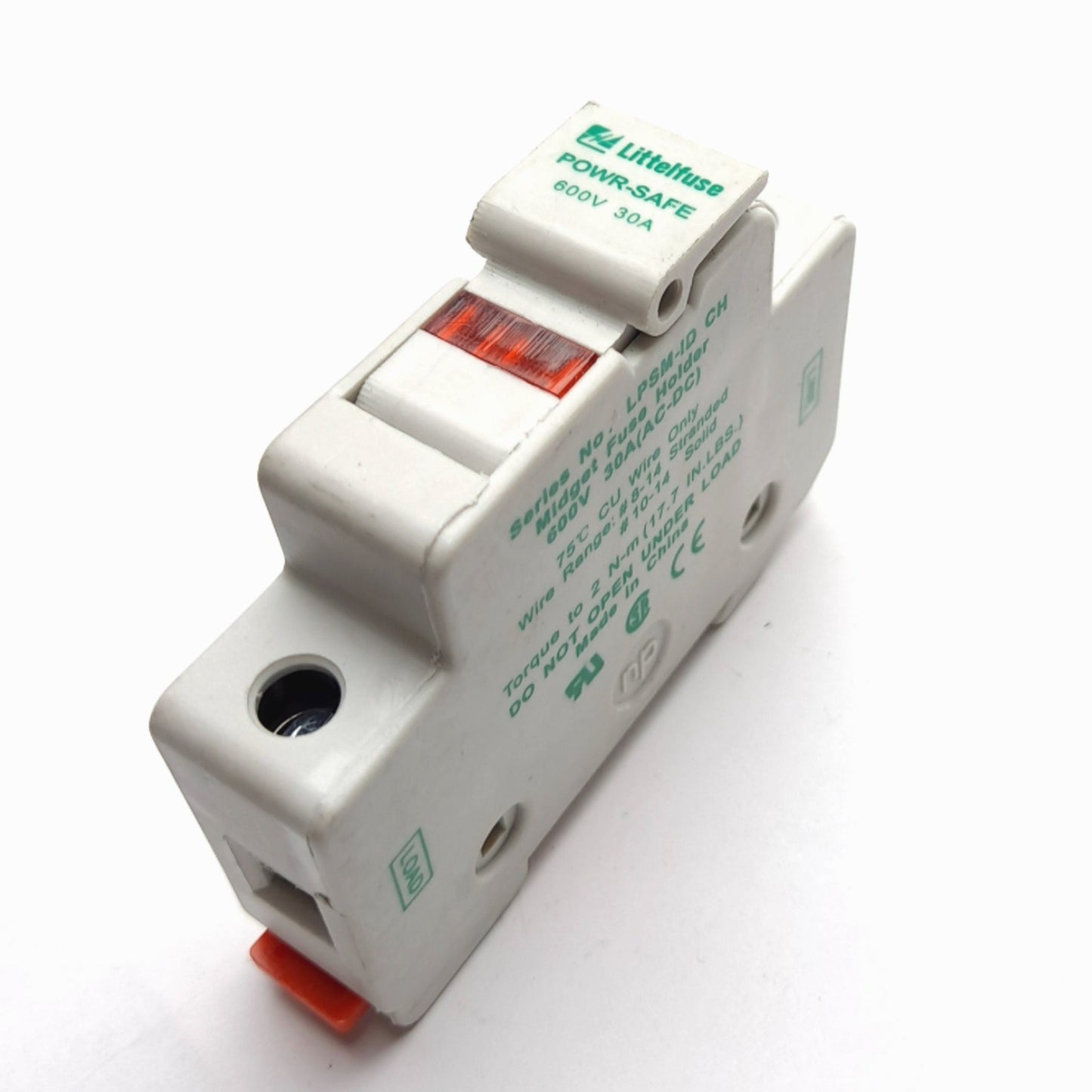 Used Littelfuse LPSM-ID CH POWR-SAFE Midget Fuse Holder, Rating: 600VAC/DC 30A