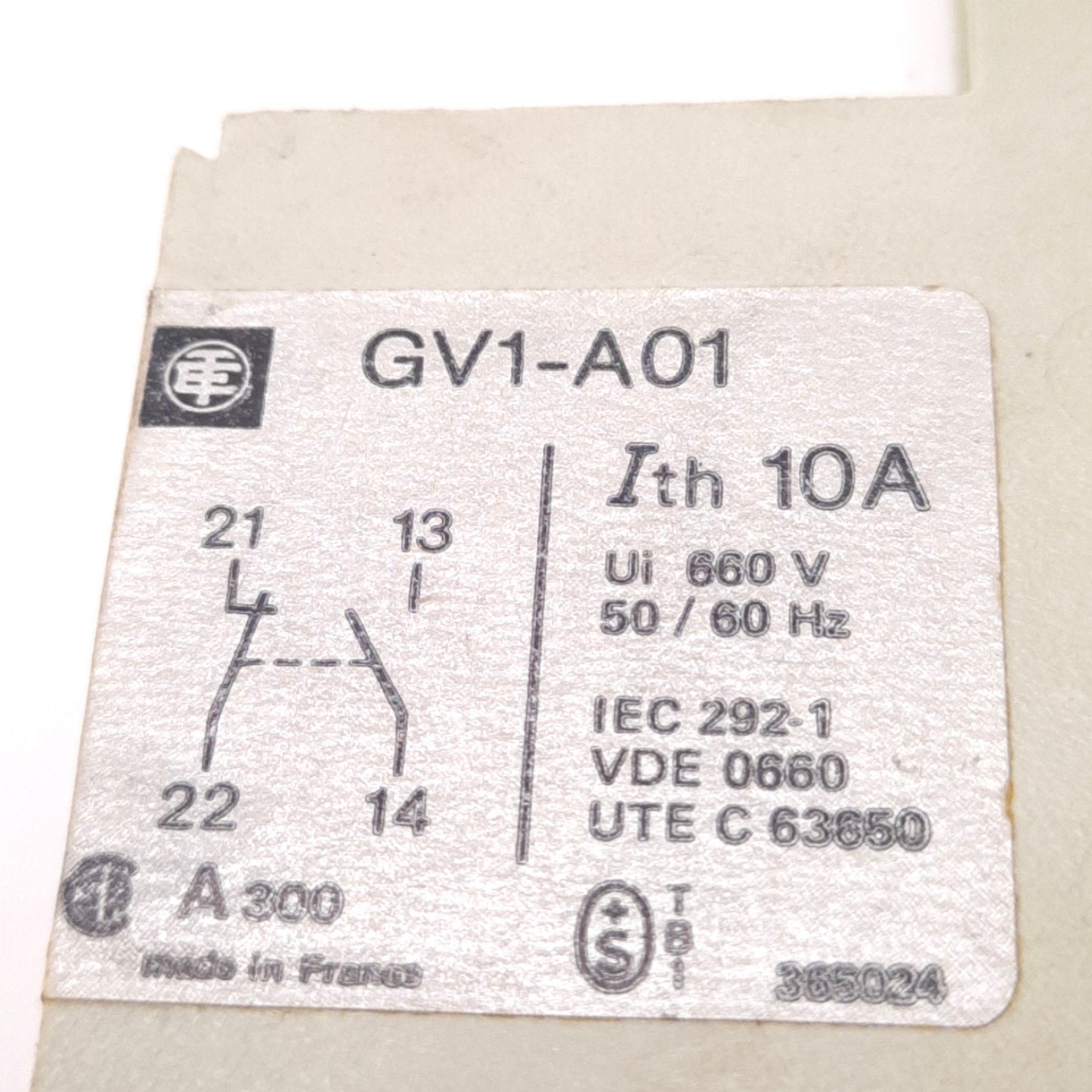Used Telemecanique GV1-A01 Auxiliary Contact 690v AC / 240v DC, 6A, 1NO+1NC