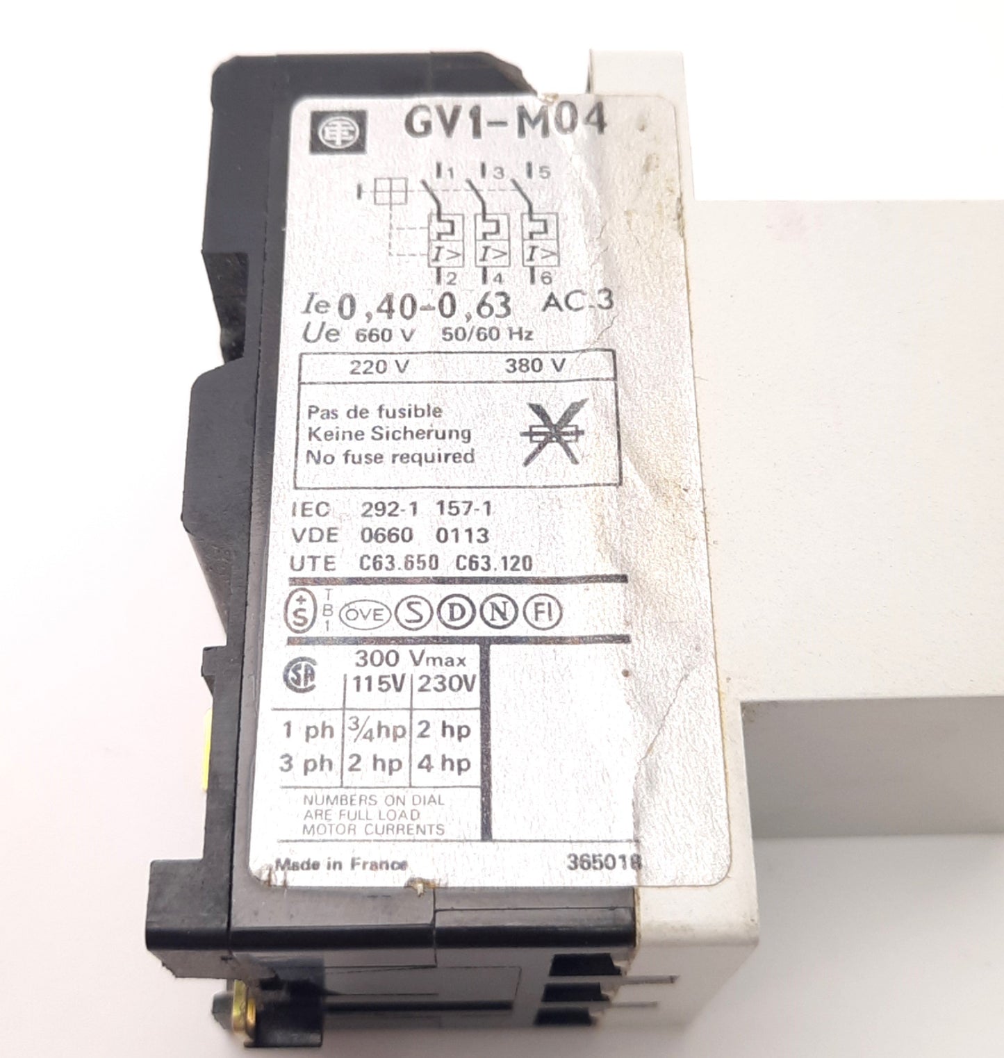 Used Telemecanique GV1-M04 Motor/Circuit Breaker 0.4 to 0.63A, 660V AC, 3-Pole