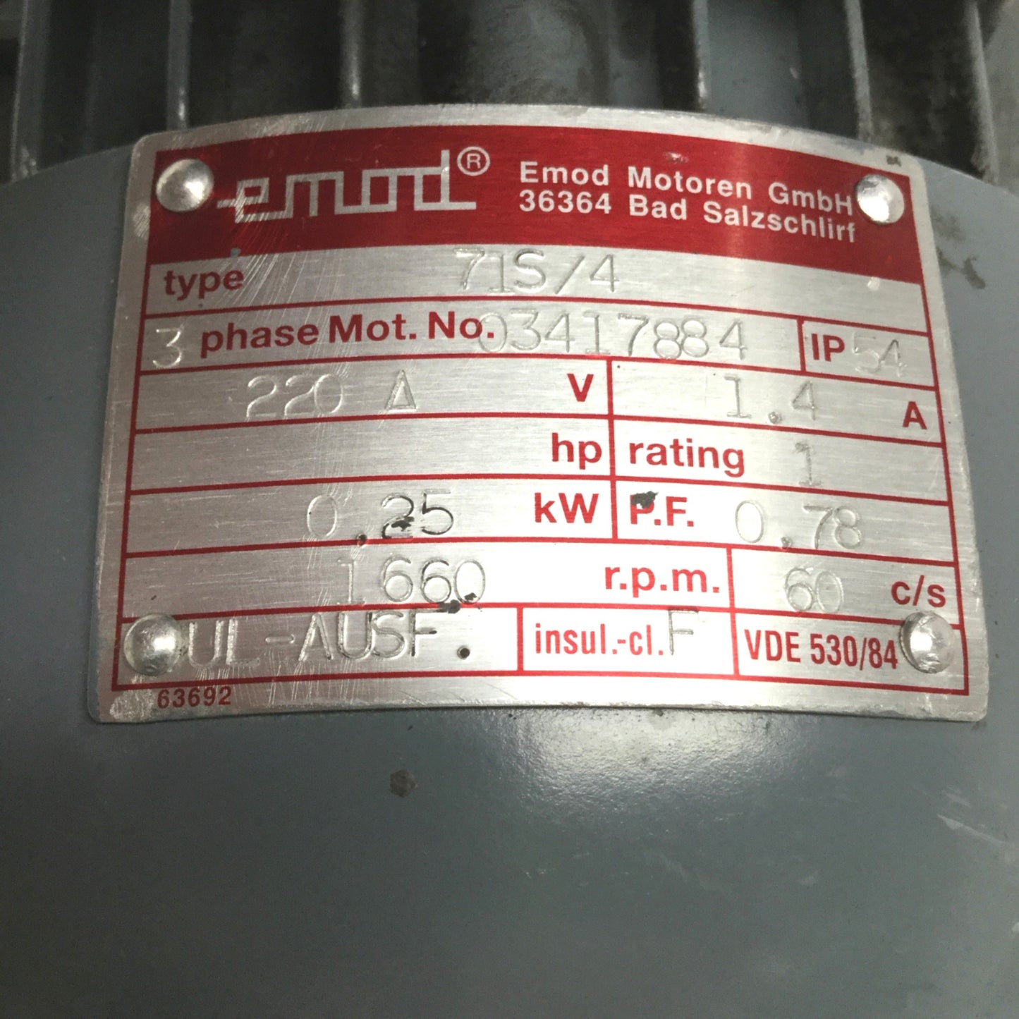 Used Emod Motoren 71S/4 Motor 3-Phase 220VAC 60Hz, 1.4A, 1660RPM 0.25kW