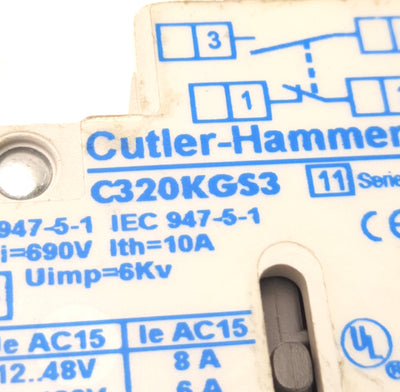 Used Cutler-Hammer C320KGS3 Auxiliary Contact, 1NO + 1NC, 690V 10A, Side Mount