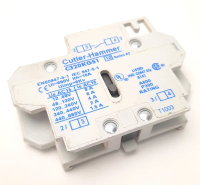 Used Cutler Hammer C320KGS1 Auxiliary Contact Block, Normally Open, 10A 600V