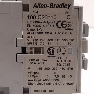 Used Allen Bradley 100-C23D10 IEC Contactor 3-Phase, 600V 30A, 110/120V AC Coil