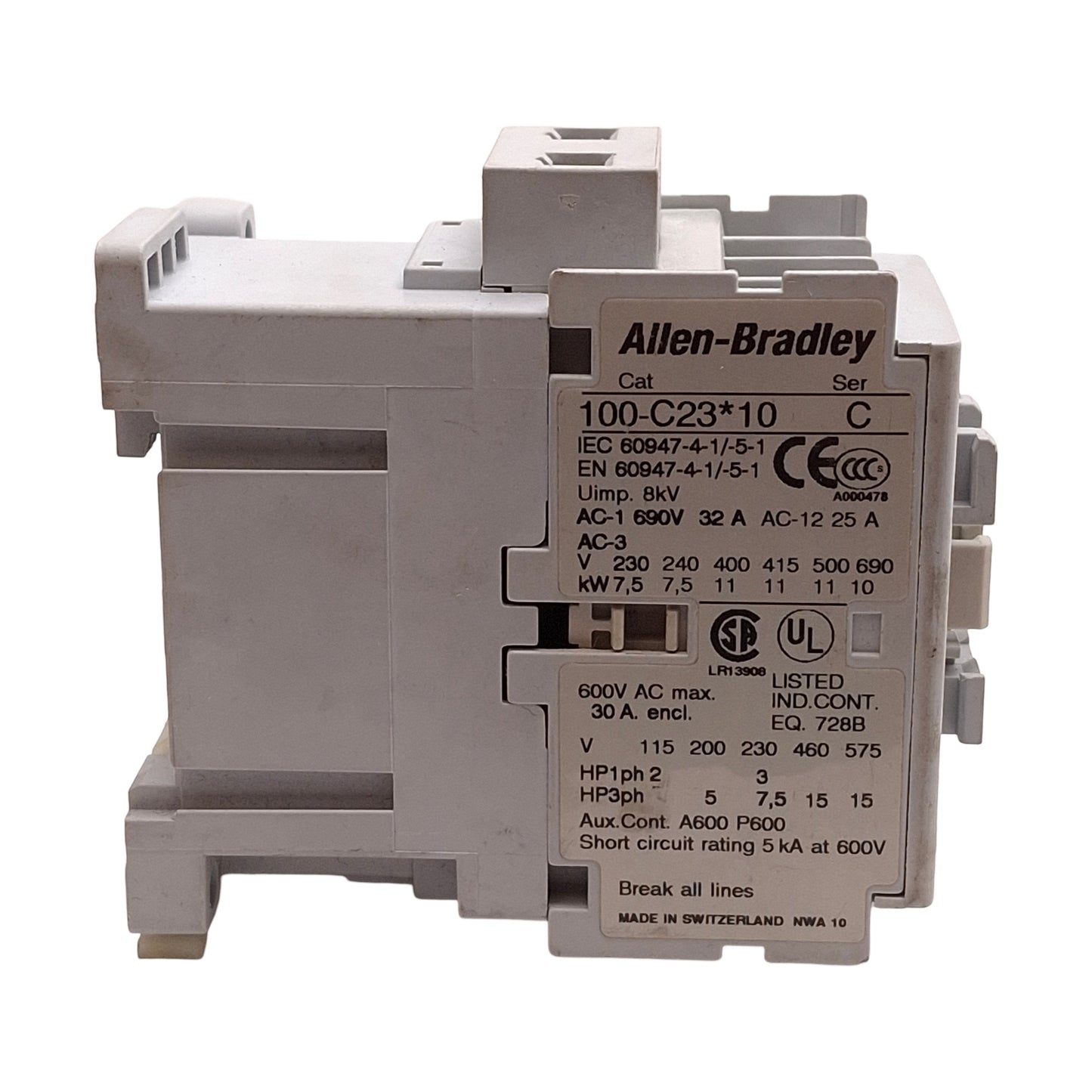 Used Allen Bradley 100-C23D10 IEC Contactor 3-Phase, 600V 30A, 110/120V AC Coil