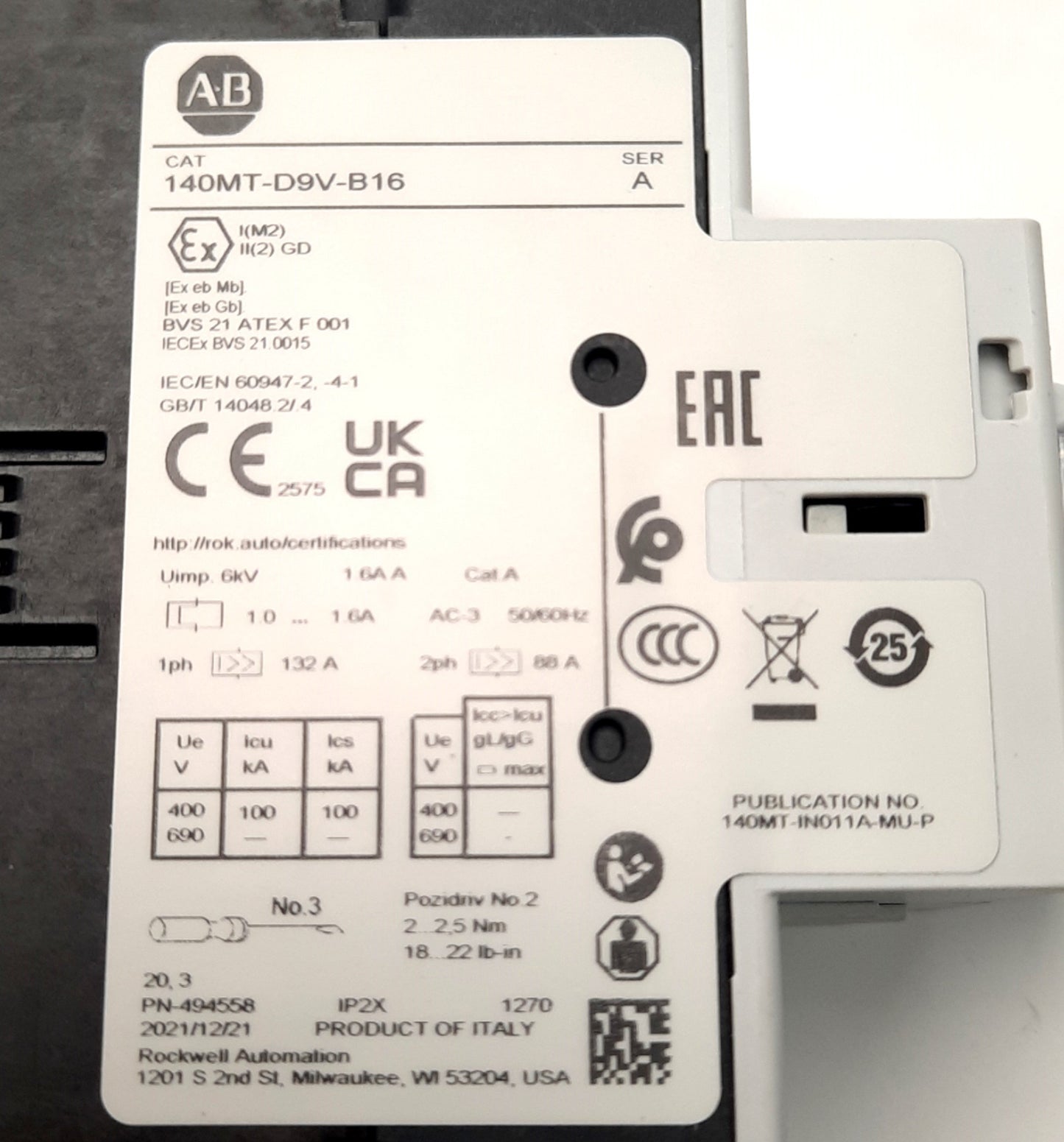 New Allen-Bradley 140MT-D9V-B16 Motor/Circuit Breaker 1 to 1.6A, 480V AC, Frame D