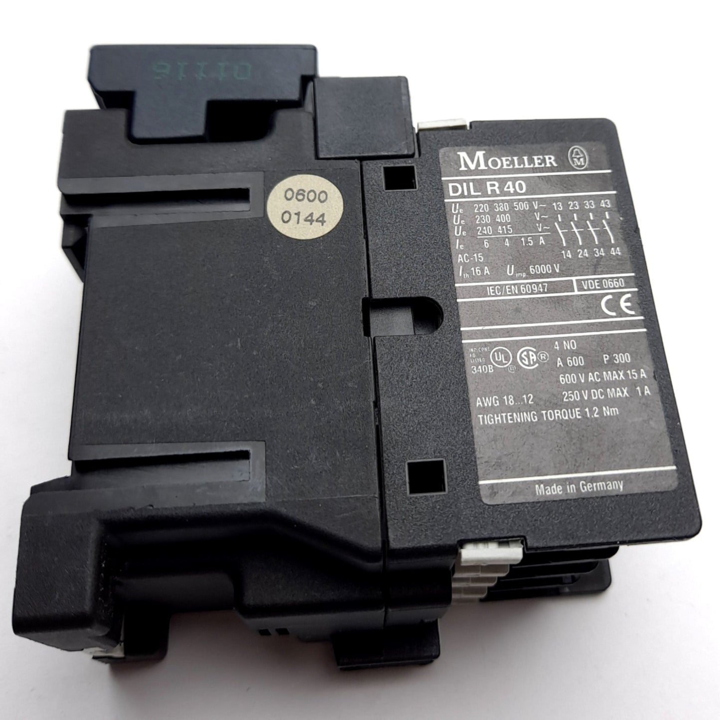 Used Moeller DILR40 Contactor, 4-Pole N/O, Coil: 230/240VAC, W/ Suppressor
